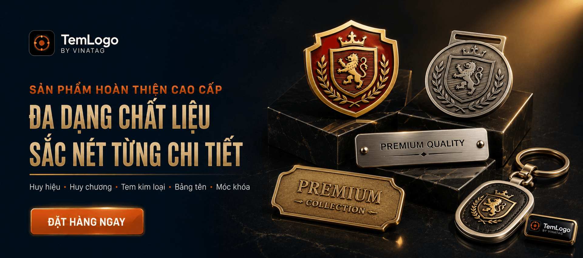 Thành phẩm TemLogo cao cấp gồm huy hiệu, huy chương, tem kim loại, bảng tên, móc khóa và tem epoxy
